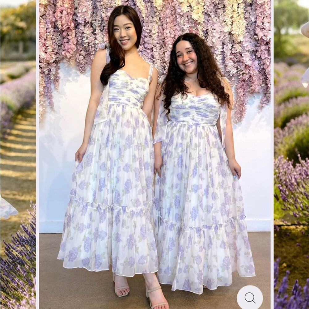 morning lavender debra purple & white floral sweetheart bow detil maxi dress - Picture 9 of 16